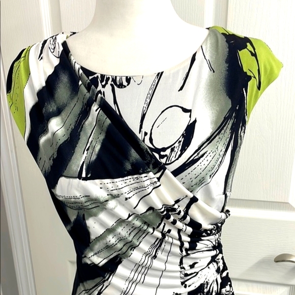 Connected Apparel White, Green & Black Print Draped Front Fitted Midi Dress - Picture 2 of 10